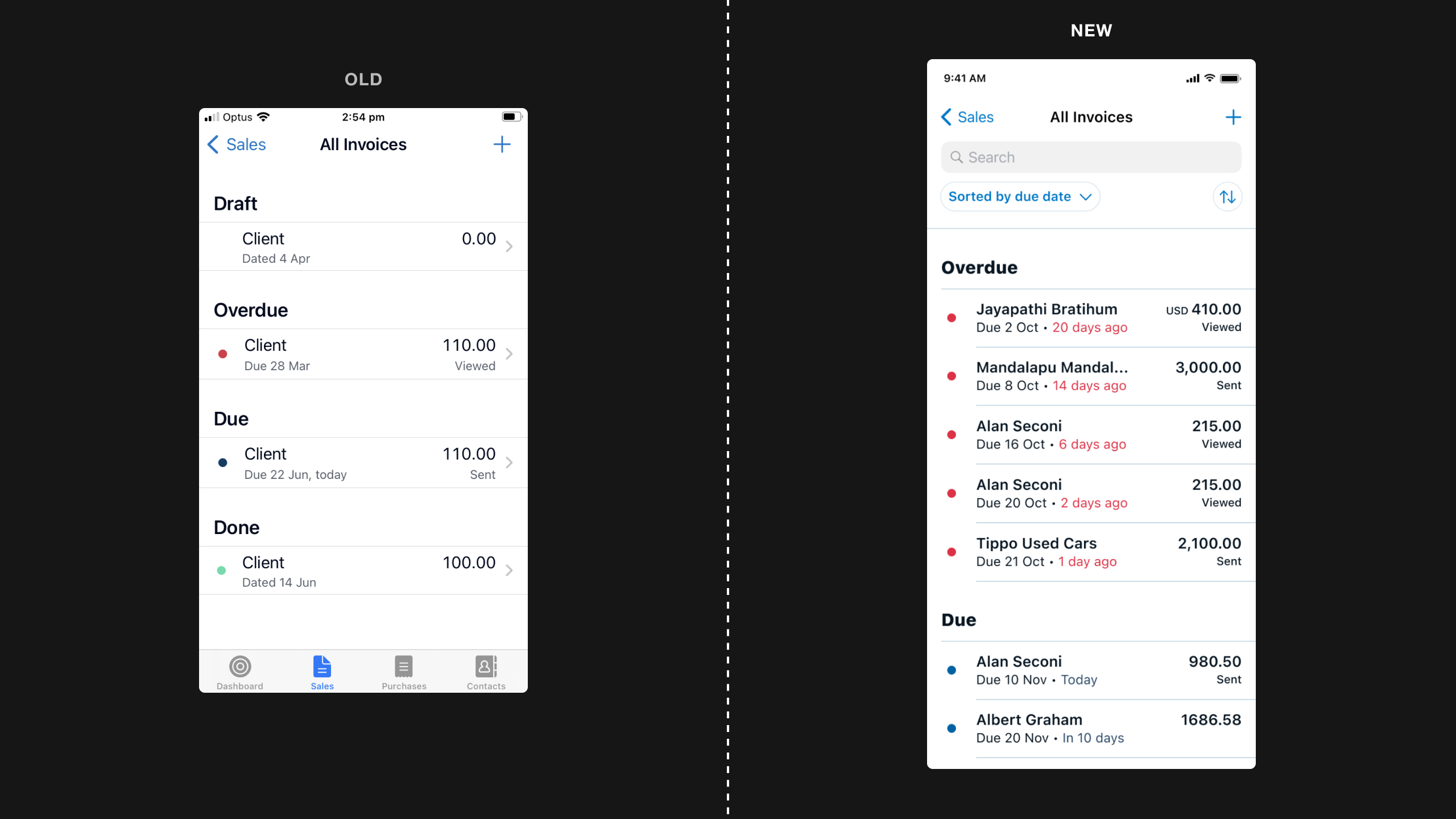 Old vs new designs of invoice lists