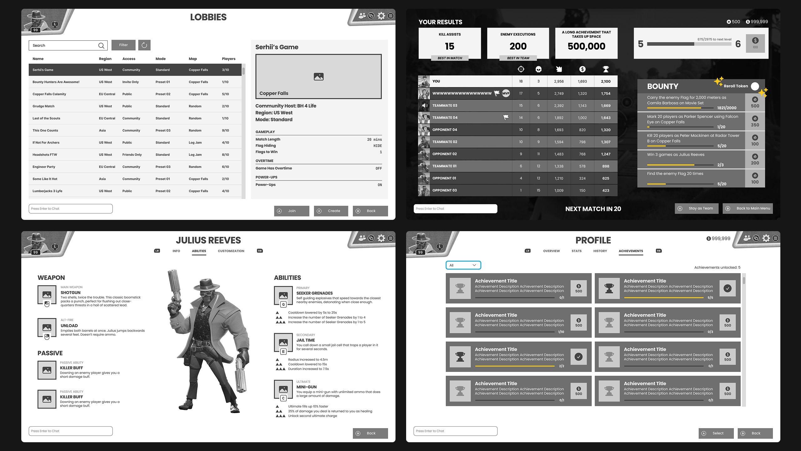 Wireframes for lobbies, post-match stats, contestants and achievements